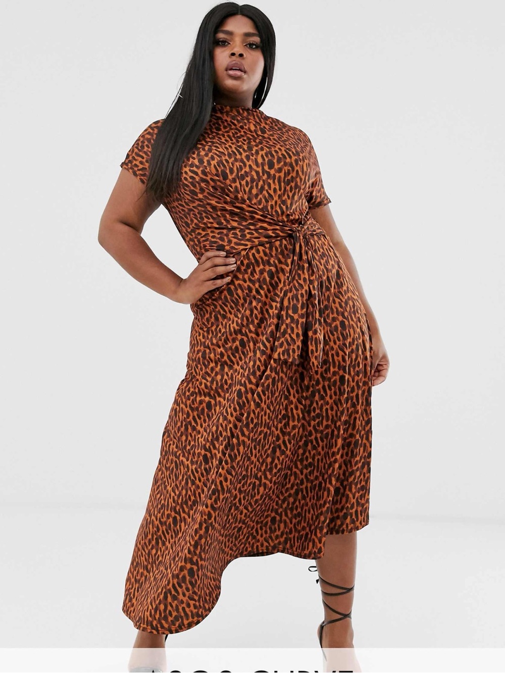 ASOS Tall Tortoise Leopard Satin Midi Dress 12 Cowl Neck Wrap Tie Keyhole Back